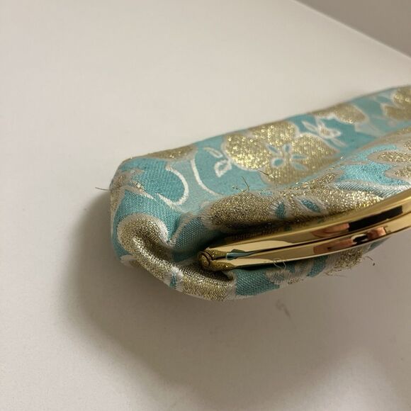 Banana Republic 2005 Silk Evening Clutch Bag Floral Gold Metallic Tiffany Blue - Picture 7 of 9
